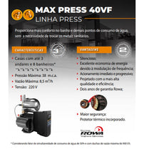 Pressurizador Inverter Rowa MAX PRESS 40 VF 1,5CV 220V Mono Até 4 banheiros