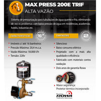 Pressurizador Pressostato Rowa MAX PRESS 200 E 2,5CV 220V Tri Até 6 banheiros