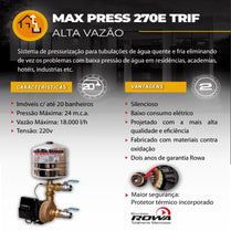 Pressurizador Pressostato Rowa MAX PRESS 270 E 3,0CV 220V Tri Até 6 banheiros