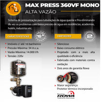 Pressurizador Inverter Rowa MAX PRESS 360 VF 3,0CV 220V Mono Até 8 banheiros