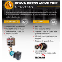 Pressurizador Inverter Rowa MAX PRESS 410 VF 4,0CV 220V Tri Até 10 banheiros