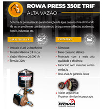 Pressurizador Pressostato Rowa MAX PRESS 350 3,5CV 220V Tri Até 9 banheiros