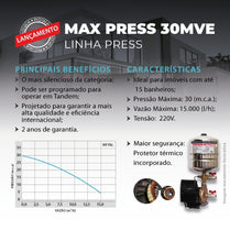 Pressurizador Pressostato Rowa MAX PRESS 30 MVE c/ Tanque 1,0CV 220V Mono Até 3 banheiros