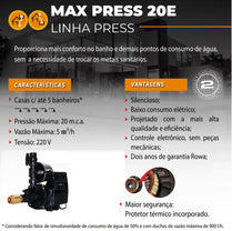 Pressurizador Pressostato Rowa MAX PRESS 20E 0,50CV 220V Mono Até 2 banheiros