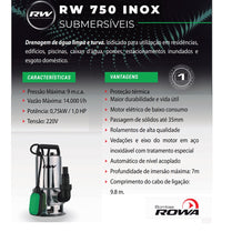 Bomba Submersível Drenagem Rowa RW 750 1,0CV 220V Monofásica